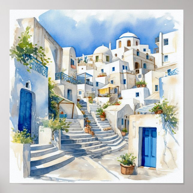 Santorini Greece Watercolor Painting Square Poster (Framsidan)