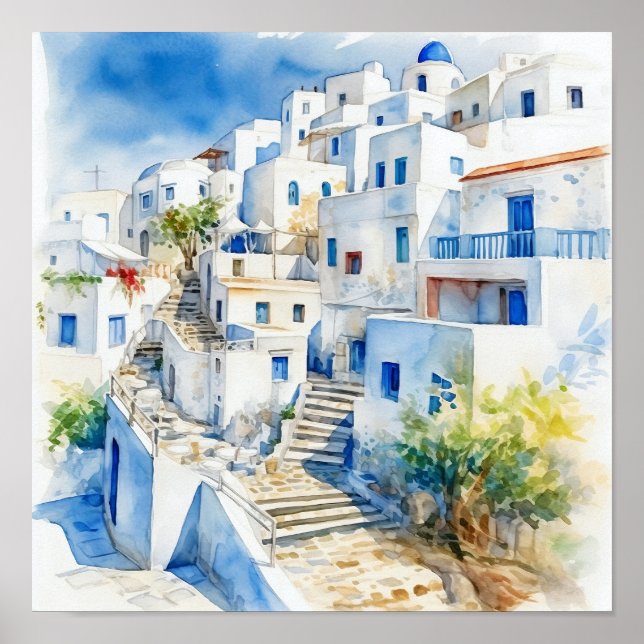Santorini Greece Watercolor Painting Square Poster (Framsidan)