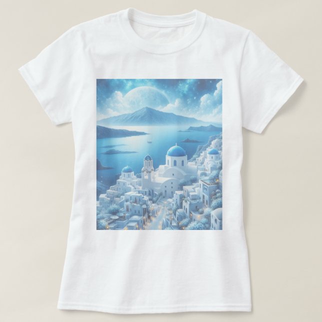Santorini Greece Watercolor Painting T Shirt (Design framsida)