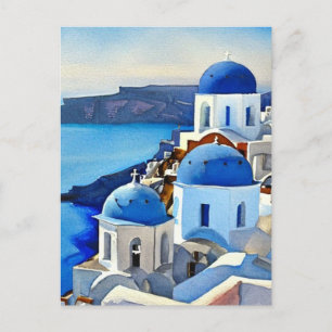 Santorini Greece Watercolor Painting Vykort