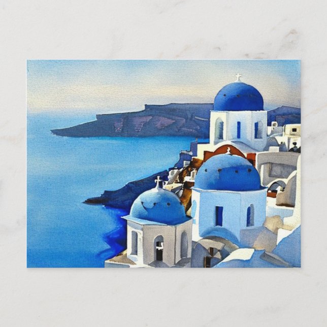 Santorini Greece Watercolor Painting Vykort (Framsida)