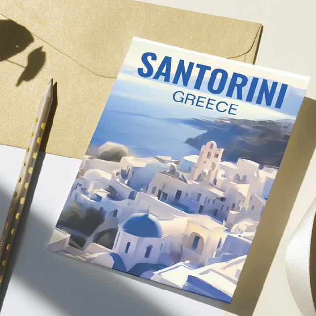 Santorini Greece Watercolor Painting Vykort (Skapare uppladdad)