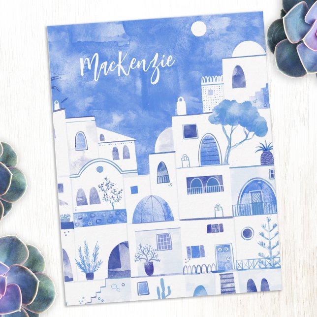 Santorini Greece Watercolor Personalized Anteckningskort (Santorini Greece Greek island blue and white watercolor art personalized custom name note cards)