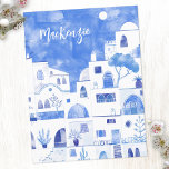 Santorini Greece Watercolor Personlig Vykort<br><div class="desc">En modern vattenfärgsmålning av den grekiska ön Santorini. Originalkonst av Nic Squirrell. Ändra namn för att anpassa sig.</div>