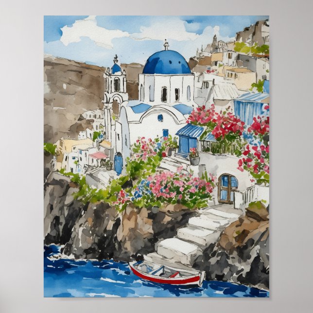 Santorini Greece Watercolor Poster (Framsidan)
