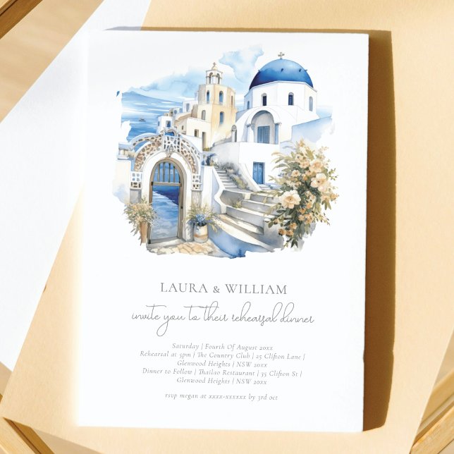 Santorini Greece Watercolor Rehearsal Dinner Inbjudningar (Skapare uppladdad)