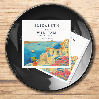 Santorini Greece Watercolor Skyline Bröllop Pappersservett