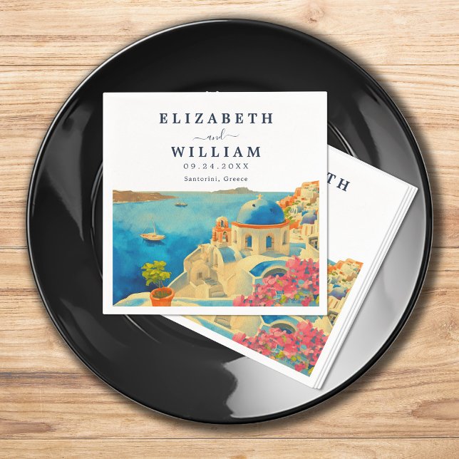 Santorini Greece Watercolor Skyline Bröllop Pappersservett (Skapare uppladdad)
