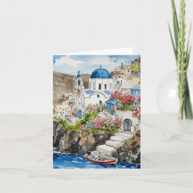 Santorini Greece Watercolor Stationery Kort (Framsida)