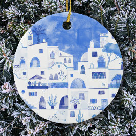 Santorini Greece Watercolor Townscape Julgransprydnad Keramik