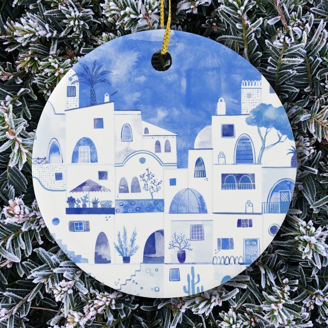Santorini Greece Watercolor Townscape Julgransprydnad Keramik (Santorini blue and white watercolor painting on a ceramic ornament)