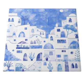 Santorini Greece Watercolor Townscape Kakelplatta