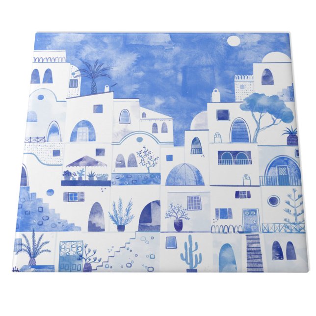 Santorini Greece Watercolor Townscape Kakelplatta (Santorini blue and white watercolor painting on a ceramic tile)