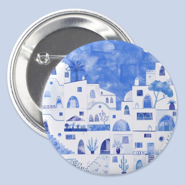Santorini Greece Watercolor Townscape Knapp (Santorini Oia Greece watercolor blue and white art button)