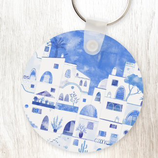 Santorini Greece Watercolor Townscape Nyckelring