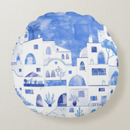 Santorini Greece Watercolor Townscape Rund Kudde