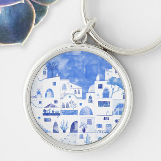 Santorini Greece Watercolor Townscape Rund Silverfärgad Nyckelring