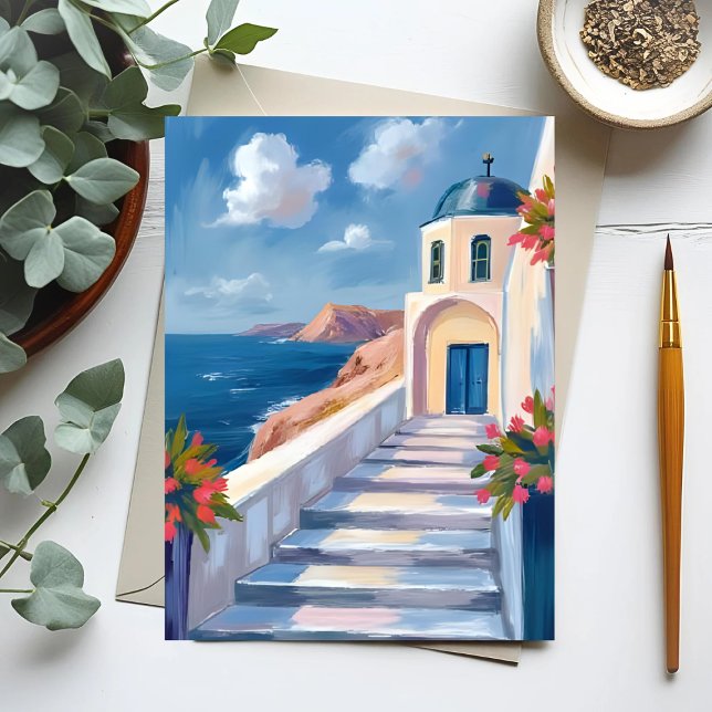 Santorini Greece Watercolor Travel Vykort (Skapare uppladdad)