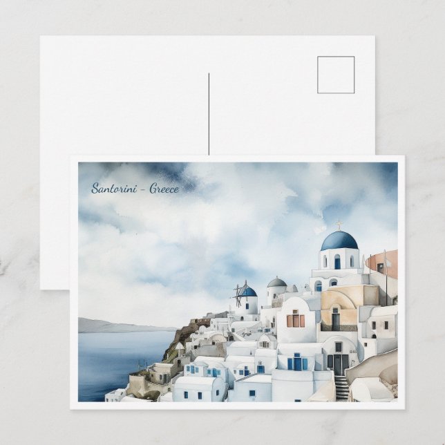 Santorini Greece Watercolor Vykort (Fram/baksida)