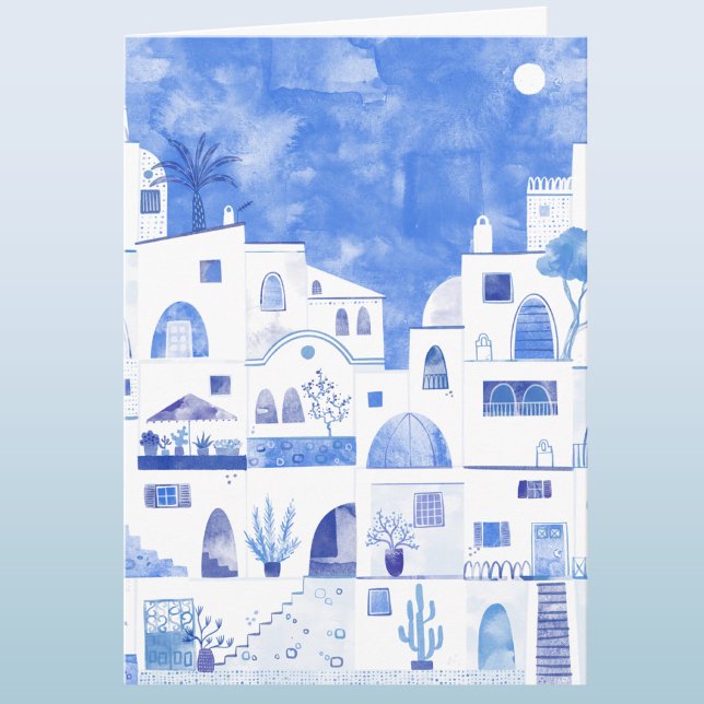 Santorini Grekisk Akvarell Konst Lyckönskningskort Kort (Santorini Greek island blue and white watercolor art card with original art by Nic Squirrell. )
