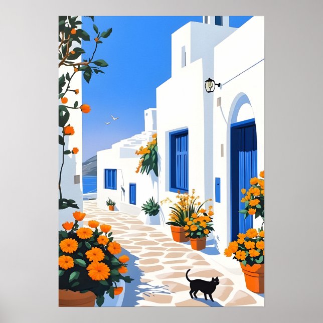 Santorini Grekisk By Vit Gata Väggkonst (Framsidan)