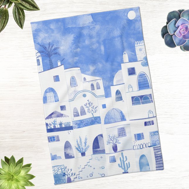 Santorini grekisk ö vattenfärg stadsvy kökshandduk (Oia Santorini blue and white watercolor Greek island art kitchen tea towel)