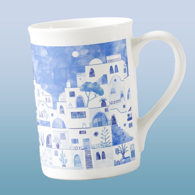 Santorini Grekiska ön Painting Benporslin Mugg (Santorini blue and white watercolor painting bone china mug)