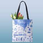 Santorini Grekiska ön Personlig Watercolor Tygkasse<br><div class="desc">Vattentärsfärgad blå och vit stadsmålning på den grekiska ön Santorini. Originalkonst av Nic Squirrell. Ändra namn för att anpassa sig.</div>
