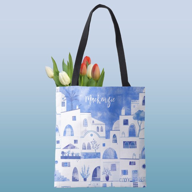 Santorini Grekiska ön Personlig Watercolor Tygkasse (Santorini personalized blue and white watercolor art tote bag)