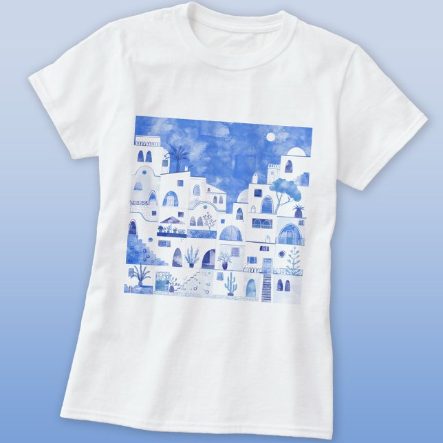 Santorini Grekiska ön Watercolor T Shirt (Oia Santorini blue and white watercolor painting T-shirt)
