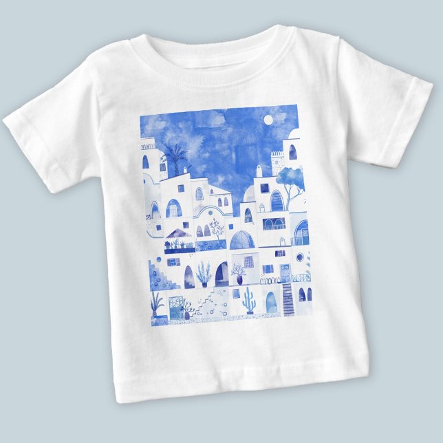 Santorini Grekiska ön Watercolor T Shirt (Blue and white watercolor Santorini t-shirt)