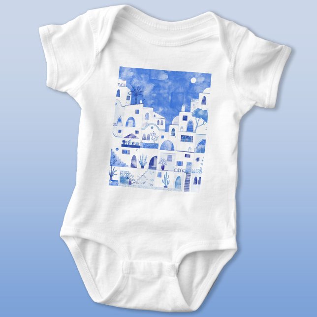 Santorini Grekiska ön Watercolor T Shirt (Santorini Oia Greek Island Mediterranean watercolor art baby bodysuit)