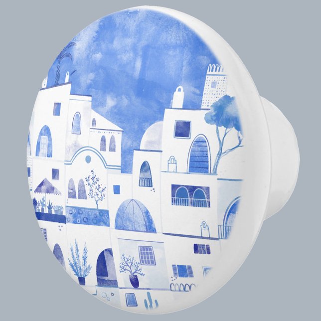 Santorini Grekiska ön Watercolor Townscape Knopp (Santorini Greece watercolor art blue and white ceramic door knob)