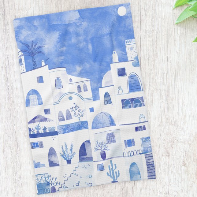 Santorini Grekiska ön Watercolor Townscape Kökshandduk (Santorini blue and white watercolor painting on a kitchen towel)