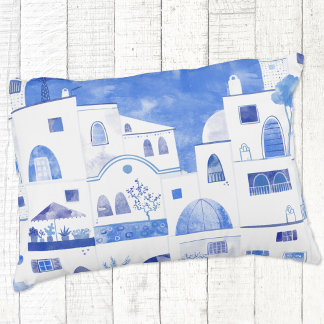 Santorini Grekiska ön Watercolor Townscape Prydnadskudde