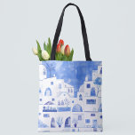 Santorini Grekiska ön Watercolor Tygkasse<br><div class="desc">Vattentärsfärgad blå och vit stadsmålning på den grekiska ön Santorini.</div>