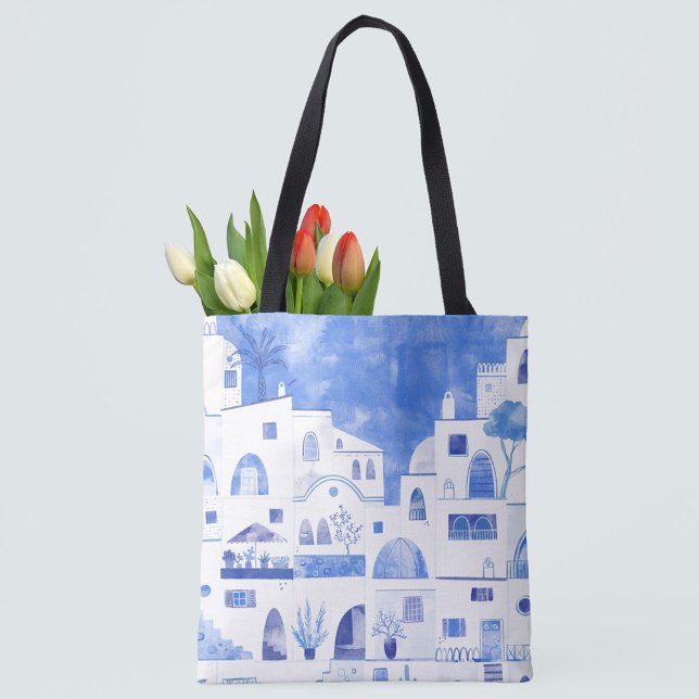 Santorini Grekiska ön Watercolor Tygkasse (Santorini blue and white watercolor painting on a tote bag)