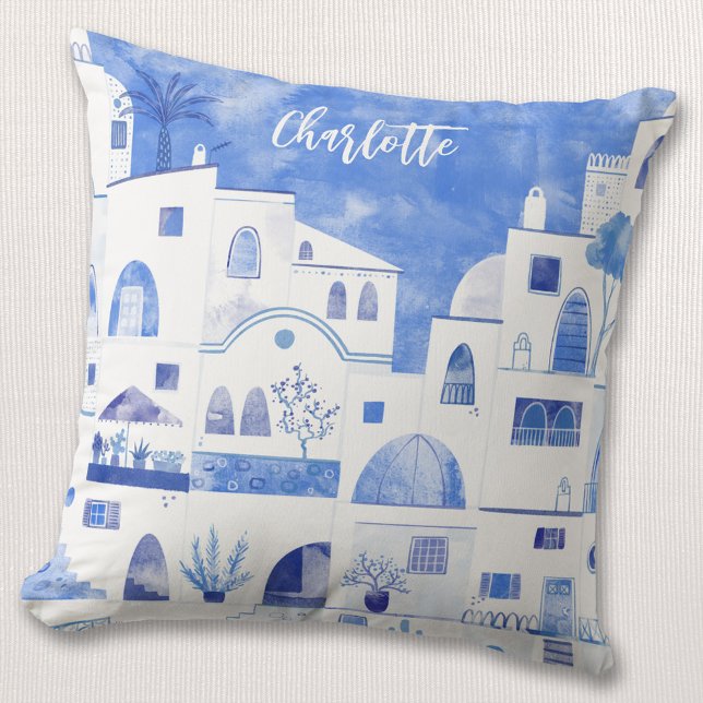 Santorini Grekiska Personligen Watercolor Kudde (Skapare uppladdad)