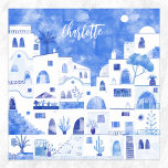 Santorini Grekiska Personligen Watercolor Poster<br><div class="desc">Vattentärsfärgad blå och vit stadsmålning baserad på Oia på den grekiska ön Santorini. Originalkonst av Nic Squirrell. Ändra namn för att anpassa sig.</div>