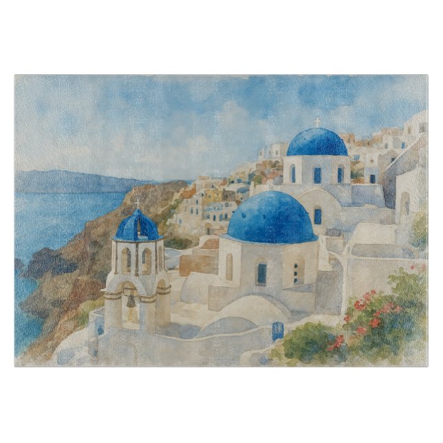 Santorini Grekland Akvarell Blå Kupol Kyrka (Framsidan)