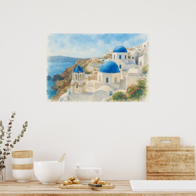 Santorini Grekland Akvarell Blå Kupol Kyrka Konst Poster (Kök)