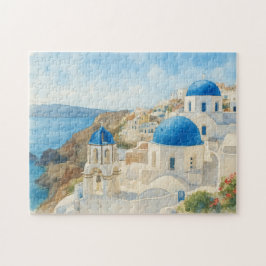 Santorini Grekland Akvarell Blå kupol kyrka Konst Pussel