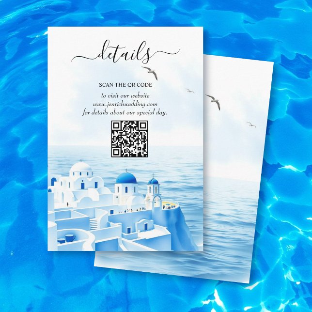 Santorini Grekland akvarell bröllopsdetaljer QR Tilläggskort (Skapare uppladdad)