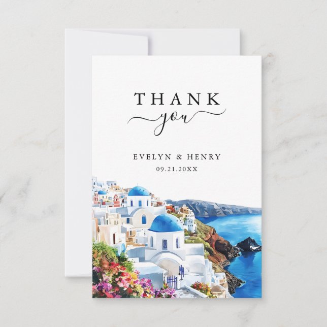 Santorini Grekland Akvarell Destination Bröllop Tack Kort (Framsida)