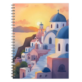 Santorini, Grekland | Akvarell kustlinje solnedgån Anteckningsbok