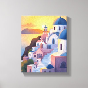 Santorini, Grekland Akvarell kustlinje solnedgån Canvastryck