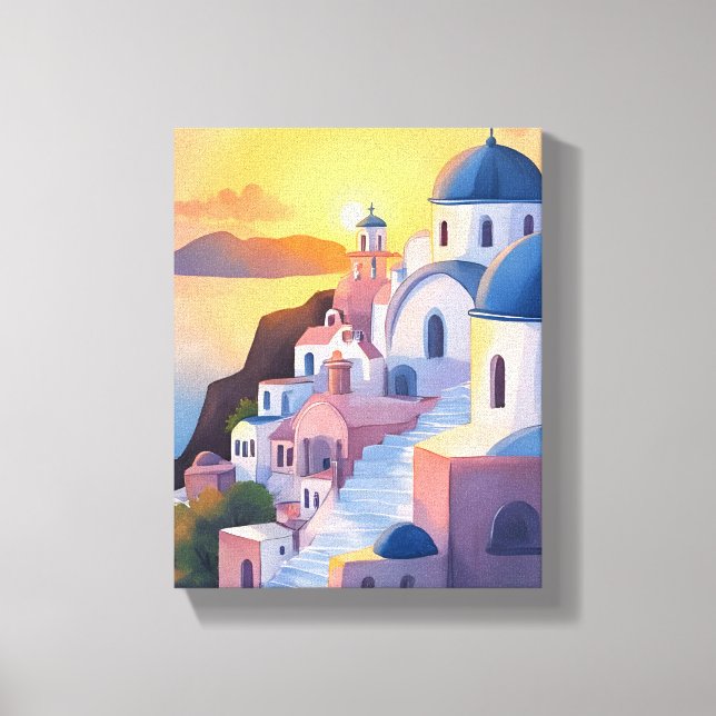 Santorini, Grekland | Akvarell kustlinje solnedgån Canvastryck (Framsida)