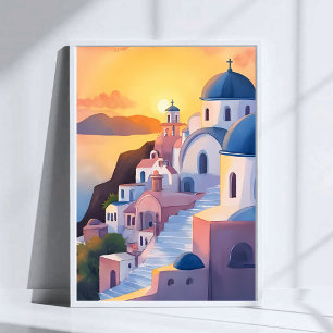Santorini, Grekland Akvarell kustlinje solnedgån Poster