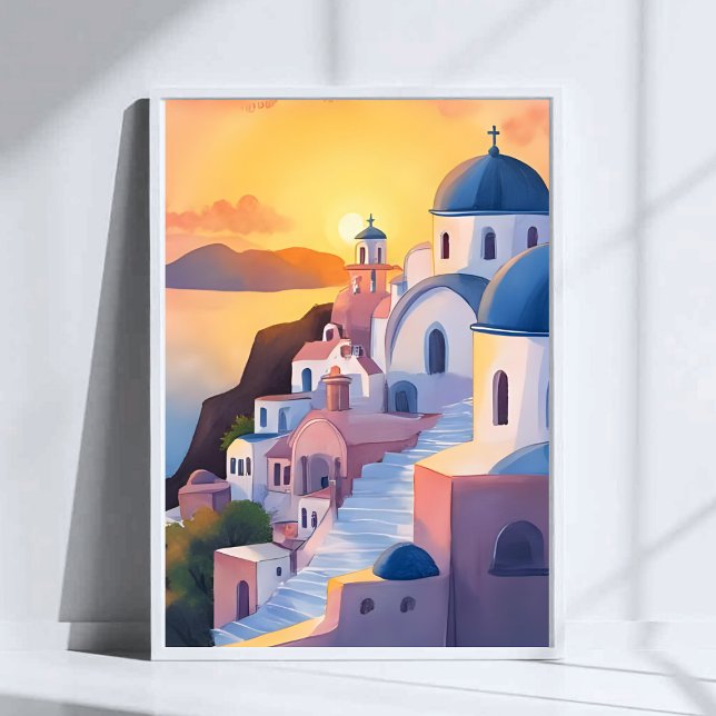 Santorini, Grekland | Akvarell kustlinje solnedgån Poster (Skapare uppladdad)
