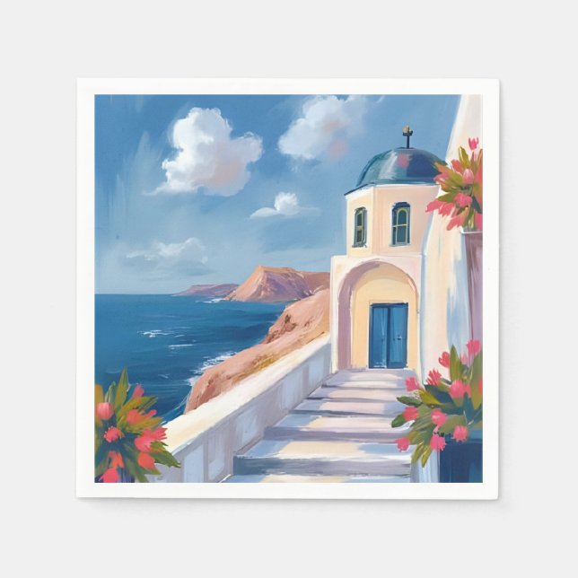 Santorini Grekland Akvarell Resa Pappersservett (Framsidan)